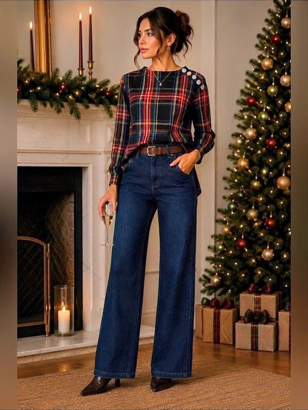 J.Crew Tartan Cotton Poplin Top with Jewel Buttons Blue & Red Small